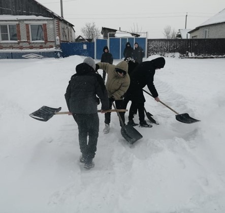 Отряд юноармейцев помогает семьям участников СВО очищать придомовую территорию от снега.